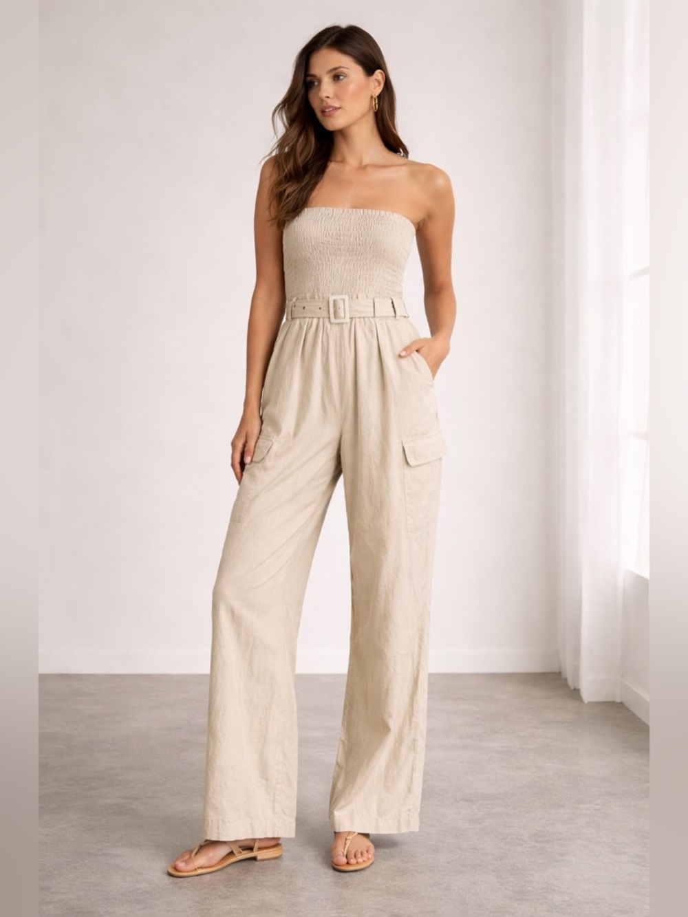 Sim and Sam Strapless Cream Beige Jumpsuit Wide Leg Linen Blend Lagenlock XS